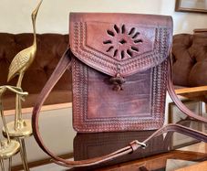 Vintage 1970s 1980s Hand Made Moroccan Leather Crossbody Bag Sunburst Motif
