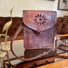 Vintage 1970s 1980s Hand Made Moroccan Leather Crossbody Bag Sunburst Motif
