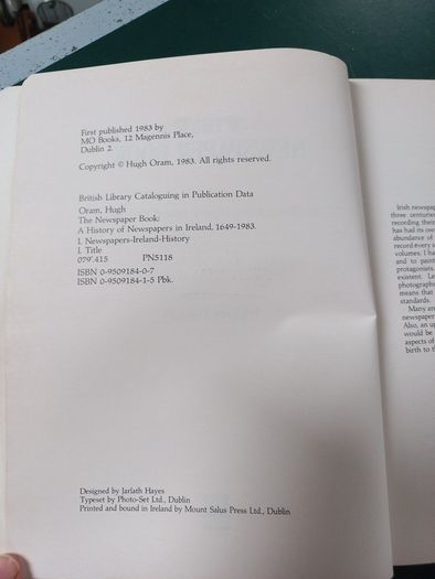 "The Newspaper Book" A history of Newspapers in Ireland 1649-1983 by Hugh Oram