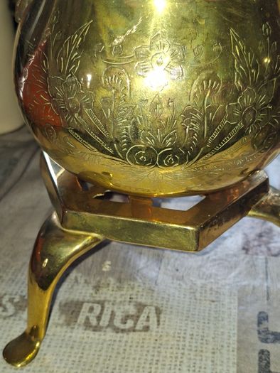 Vintage Etched Brass Tea Kettle with Footed Trivet Stand Postage Available or Collection,
