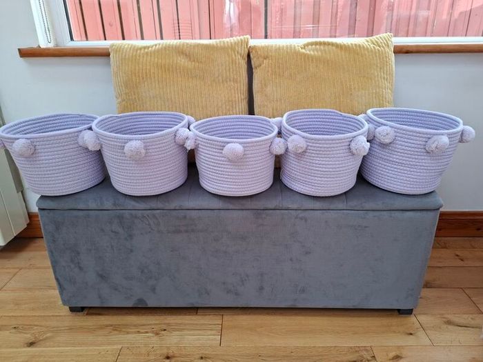 5 X Lilac Pom Pom Storage Baskets