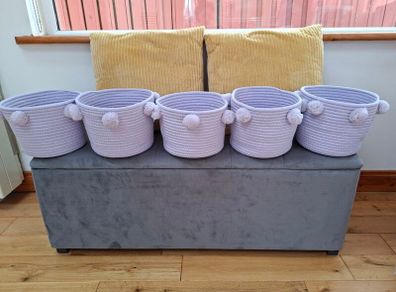 5 X Lilac Pom Pom Storage Baskets