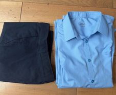 Boys 2 blue M&S uniform long sleeve school shirts and pair of navy trousers size 13-14