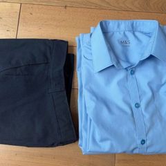 Boys 2 blue M&S uniform long sleeve school shirts and pair of navy trousers size 13-14