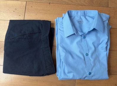 Boys 2 blue M&S uniform long sleeve school shirts and pair of navy trousers size 13-14