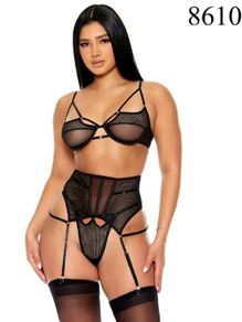 Black Sheer Lace Lingerie Set with Garter Belt