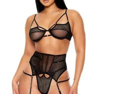 Black Sheer Lace Lingerie Set with Garter Belt