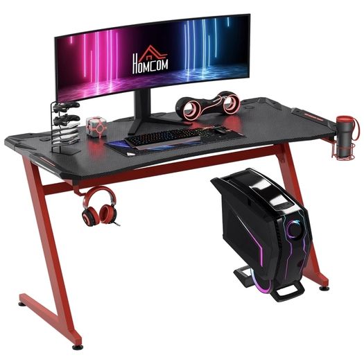 142 x 66 cm Racing Gaming Desk, Computer Table with Cup Holder and Headphone Hook, Black and Red
