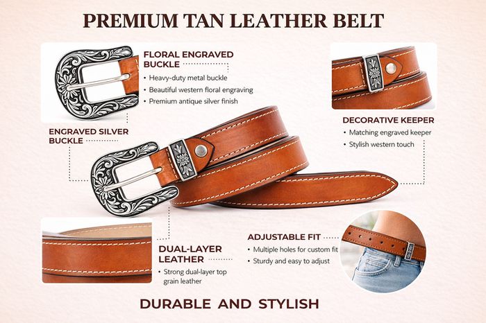 Unisex Premium Tan Genuine Leather Belt Vintage Engraved Silver Buckle