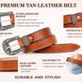 Unisex Premium Tan Genuine Leather Belt Vintage Engraved Silver Buckle Image 6