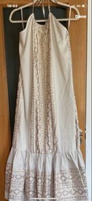 Ancient Greek Designer Maxi halter neck dress in embroidered cream and metallic gold thread and high thread count material
