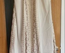 Ancient Greek Designer Maxi halter neck dress in embroidered cream and metallic gold thread and high thread count material