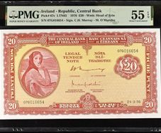 Ireland | 1976 | 20 Pounds | P.67c | 07 G 016654 | Pmg Grade | Aunc