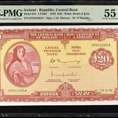 Ireland | 1976 | 20 Pounds | P.67c | 07 G 016654 | Pmg Grade | Aunc