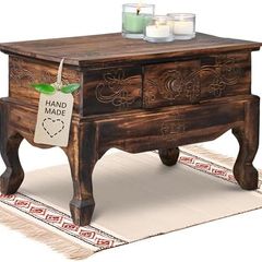 Opium Table with Drawer 60 x 40 x 40 cm Hand-Carved Wooden Side Table from Bali, Brings Asian Charm as a Wooden Table to Your Home (Brown)