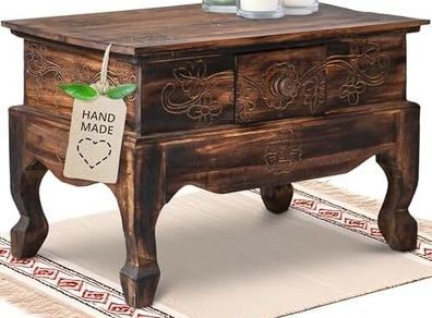 Opium Table with Drawer 60 x 40 x 40 cm Hand-Carved Wooden Side Table from Bali, Brings Asian Charm as a Wooden Table to Your Home (Brown)