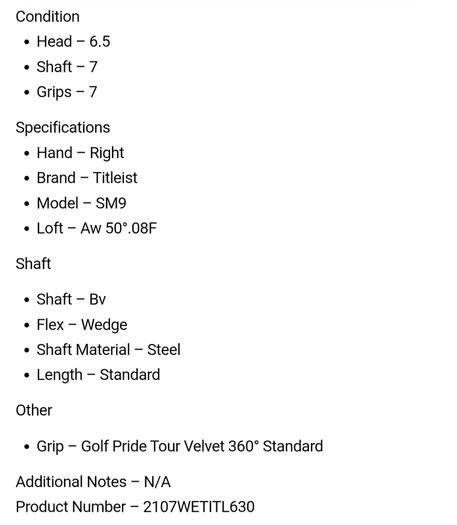 Titleist SM9 Wedge Aw 50 Degree.08F / Bv Wedge