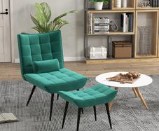 Accent Chair with Footstool Set, Tufted Upholstered Armless Lounge Chair with Pillow and Steel Legs for Living Room, Bedroom, Green