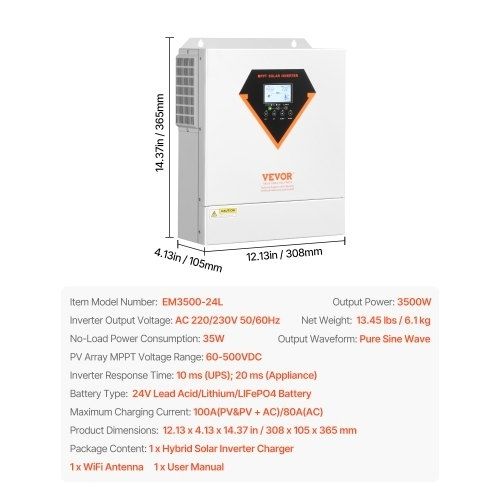 Hybrid Solar Inverter, 3500W, All in One Pure Sine Wave Power Inverter Charger, 24V DC to 220/230V AC, with Built-in 100A MPPT Solar Controller, for Off-Grid System Lead Acid Lithium Battery