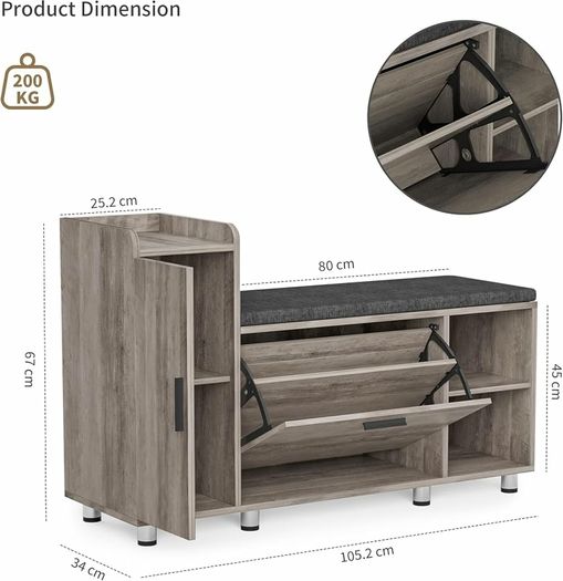 Shoe Storage Bench with Cushion, Grey Shoe Bench 105cm Lounge with 2 Shelves and 4 Compartments, Hallway Storage Unit with Seat, Living Room