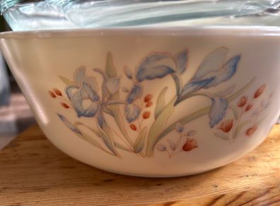 Vintage Pyrex England Blue Iris with Lid