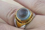 Vintage Sulemani Natural Eye Agate Bead Ring Brass &amp; Silver Inlay Design