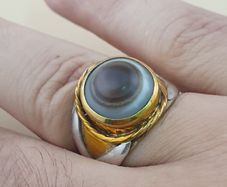 Vintage Sulemani Natural Eye Agate Bead Ring Brass & Silver Inlay Design
