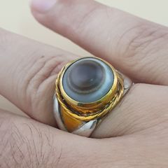 Vintage Sulemani Natural Eye Agate Bead Ring Brass & Silver Inlay Design