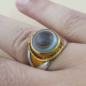 Vintage Sulemani Natural Eye Agate Bead Ring Brass & Silver Inlay Design