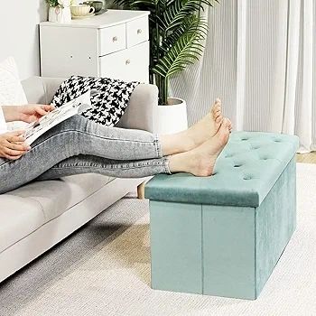 Folding Velvet Ottoman Storage Bench,Footrest Stool Seat,Toy Chest Storage Box with Lid,Footstool for Living Room,Green,80x40x40cm