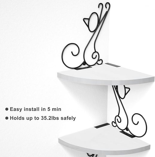 Corner Shelf Wall Mounted, 4 Tier Cat-shaped Corner Shelves Rustic Wood Floating Shelf Metal Corner Stand for Living Room Bedroom Kitchen Office and More White