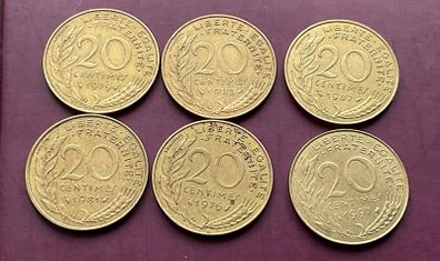 Collection of 14 old French coins 20 10 and 5 centimes 1966 1997