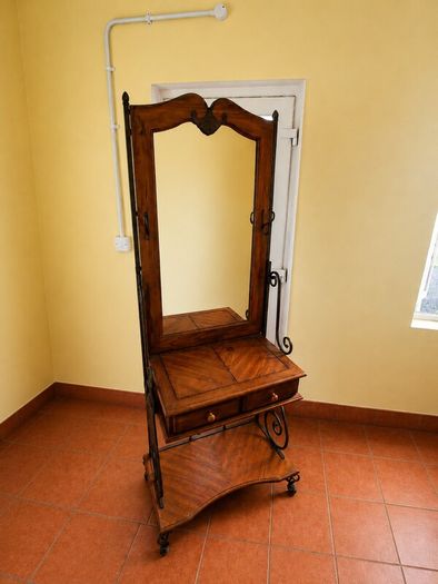 Vintage Wrought Iron & Solid Wood Hall Stand with Full-Length Mirror and Two Drawers