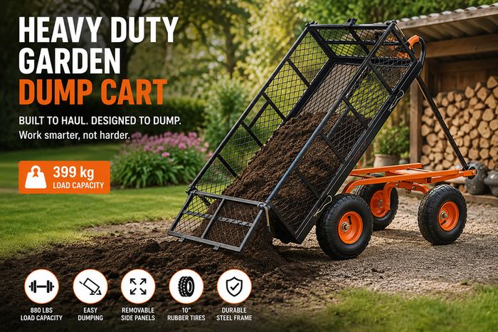 Heavy Duty Garden Dump Cart 399kg Metal Utility Wagon with Dump Function