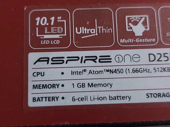 Acer Aspire One, Model D255, Intel Atom N450, 1.66 GHz, 1GB Ram, 250GB HDD, Windows 7, 32 bit, Firefox, Opera, chrome