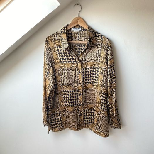 Vintage JAEGER 100% Silk Patchwork Blouse Houndstooth & Snakeskin Print L