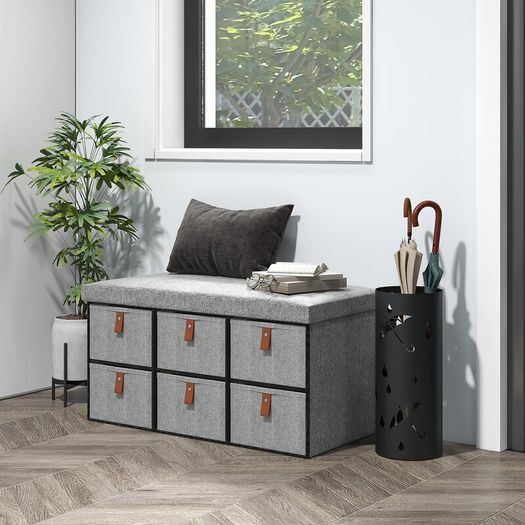 Shoe Storage Bench with Cushion and 6 Fabric Drawers for Entryway