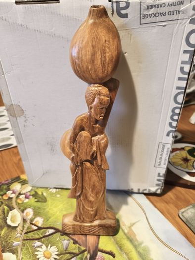 Vintage wall hanging wood carved  of Trip person carry water pot.