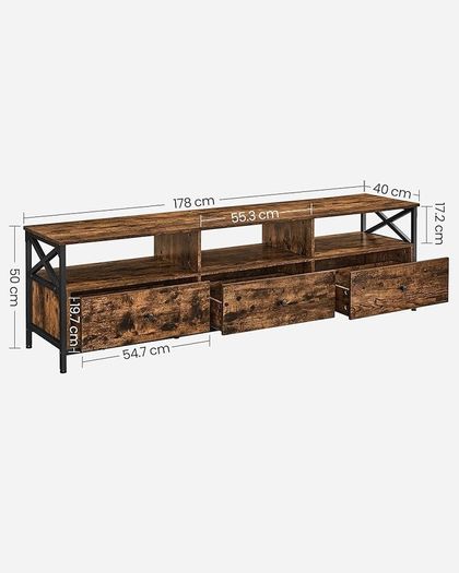 lowboard for TVs up to 80 inches, 178 cm long, TV table with 3 drawers, 3 open compartments, 40 x 178 x 50 cm, living room, steel frame, vintage brown-black