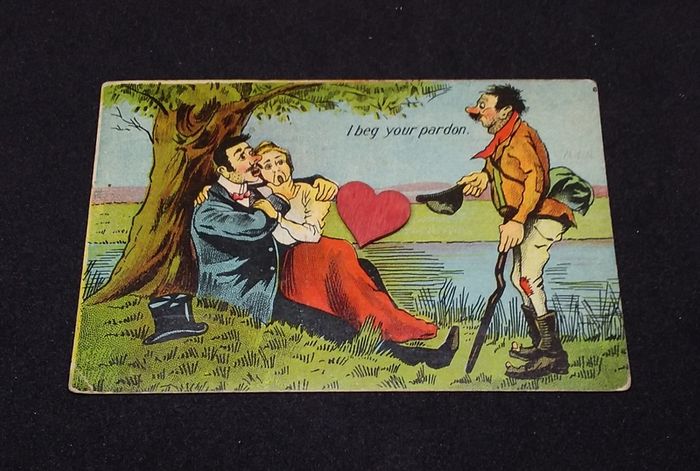 1909 Antique Cartoon Postcard " I Beg Your Pardon " Hobo Interrupting Lovers