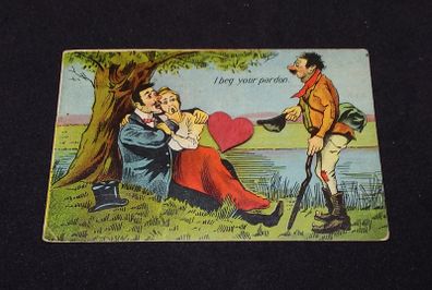1909 Antique Cartoon Postcard " I Beg Your Pardon " Hobo Interrupting Lovers