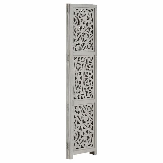 Hand carved 3-Panel Room Divider Grey 120x165 cm Solid Mango Wood