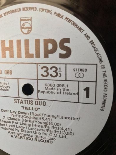Status Quo - Hello Irish pressing 1973