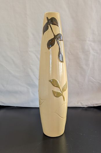 Tall Ceramic Vase Cream Green Botanical Branch Slim 40cm Modern Decor