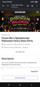 2 tickets for Halloween party in Wexford crown quarter 20 euro