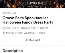 2 tickets for Halloween party in Wexford crown quarter 20 euro