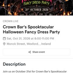 2 tickets for Halloween party in Wexford crown quarter 20 euro