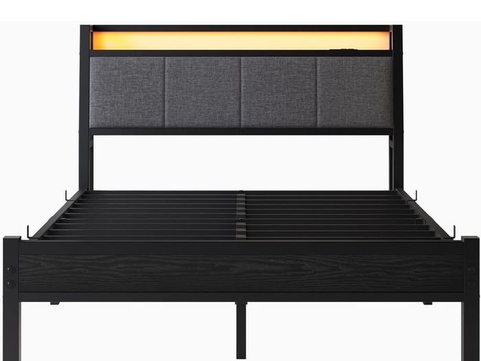 Double Bed Frame, 4FT6 Bed Frame Ergonomics Double with Charging Station and LED Lights, Heavy Duty Platform Full Bed with Fabric Storage Sloped Headboard, No Box Spring Needed, (Black)