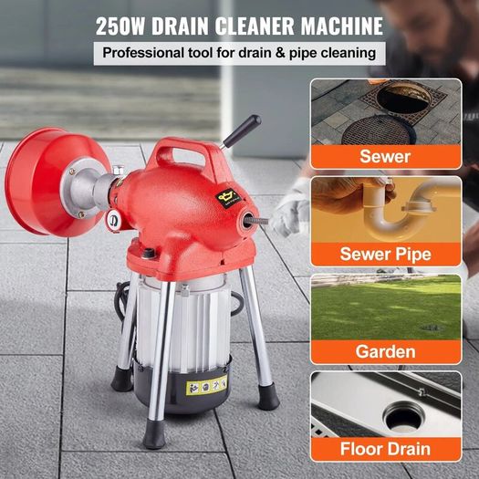 Drain Cleaner Machine Electric Sewer Snake Auger Manual Feed with 2 Sectional Steel Cables 250W