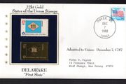 1988 USA  Delaware "First State" 22kt Gold Replica of the 1976 United States Flag Stamps showing 25c US flag definitive tied Dover,  Delaware(state capital) illustrated cover
